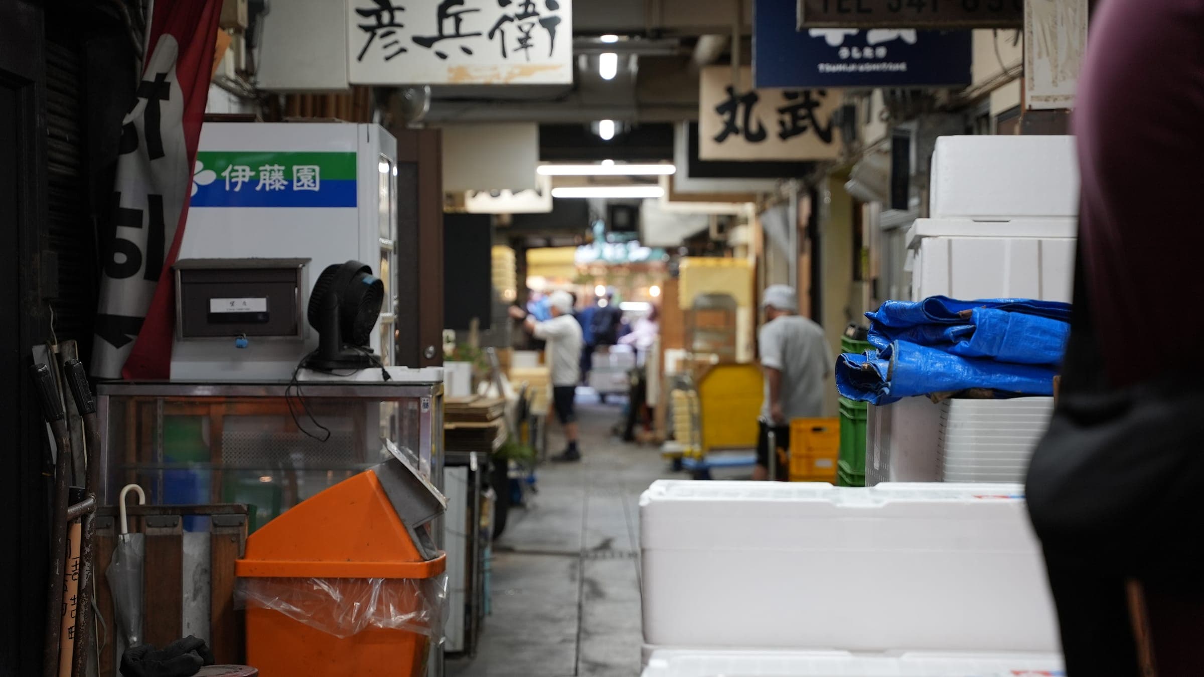 A narrow back alley of Tsukiji market in Tokyo, lined with shop signs